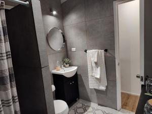 a bathroom with a toilet and a sink and a mirror at Hau Lodge Malalcahuello Corralco Starlink in Malalcahuello +56 photos