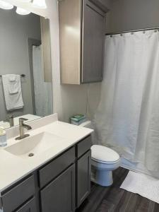 a bathroom with a sink and a toilet and a shower at The White Haus A Cozy New Braunfels Cottage in New Braunfels +13 photos