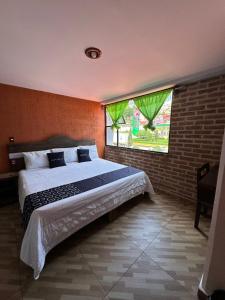 ein Schlafzimmer mit großem Bett und Fenster in der Unterkunft Marquez-Ote in San Cristóbal de las Casas