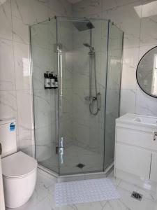a bathroom with a shower with a toilet and a sink at Luxury Villa- Long Bay Manhattan in Auckland +13 photos