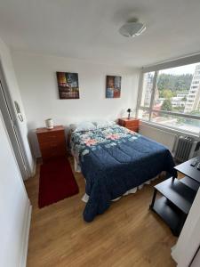 a bedroom with a blue bed and a window at Mirador Parque in Concepción