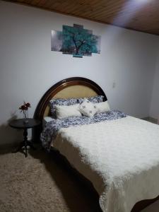 a bedroom with a bed with a wooden headboard at Casa do Aconchego in Campos do Jordão