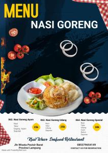 a advertisement for a menu of nasi goreng with a plate of food at Krui ocean cottage in Krui +13 photos