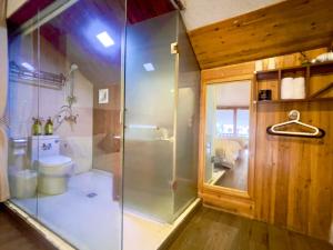 a bathroom with a shower and a toilet at Bian Cheng Xing Zi Inn in Fenghuang County
