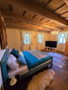 a bedroom with a bed with blue sheets and a tv at Villa Lucia in Banská Štiavnica