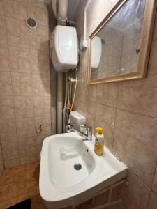 a bathroom with a white sink and a mirror at Aurora&Aziz Home in Galaţi
