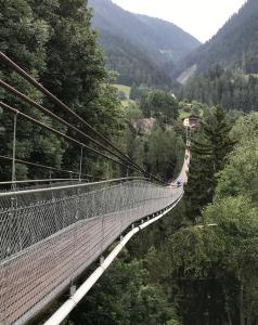 eine Hängebrücke über einen Berg mit einem Zug darauf in der Unterkunft Ferienwohnung Doxa in Ernen