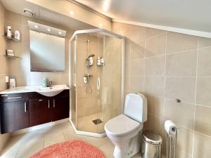 a bathroom with a toilet and a sink and a shower at Spacious and beautiful apartment in Geilo, mountain retreat with view! in Geilo