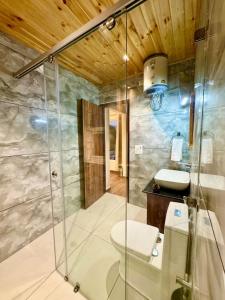 a bathroom with a shower with a toilet and a sink at Kasauli Pine Hill Cottages I Kasauli in Kasauli
