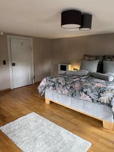 a bedroom with a bed and a rug at die Lecherei in Lechbruck