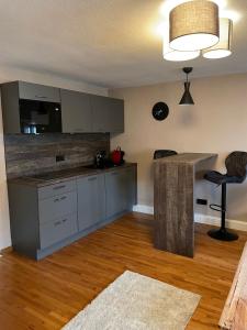 a kitchen with stainless steel appliances and a table at die Lecherei in Lechbruck