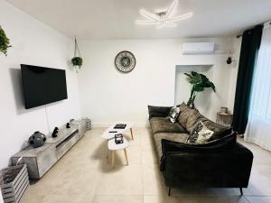 a living room with a couch and a tv at Les Appartements du Mas - SAPHIR in Aigues-Mortes