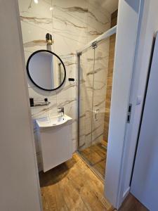 a bathroom with a shower and a sink and a mirror at Pokoje przy Parkowej in Zwierzyniec +32 photos