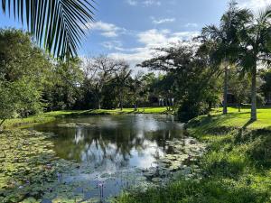 a pond with lily pads in a park at Cabana Du Sítio in Praia Grande
