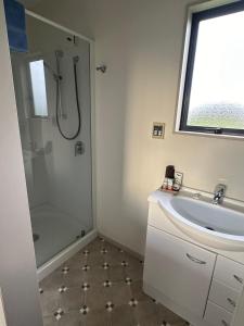 a bathroom with a shower and a sink at Bluebell Lodge and Cottage in Havelock North