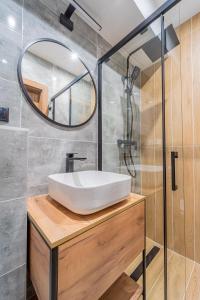 a bathroom with a sink and a mirror at Hotel Polski in Mielec +40 photos