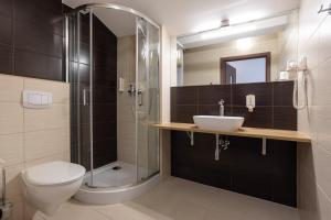 a bathroom with a toilet and a sink and a shower at Hotel Maksymilian in Krakow
