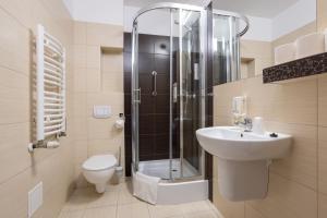 a bathroom with a shower and a sink and a toilet at Hotel Maksymilian in Krakow +37 photos