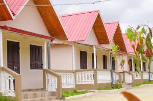 a row of houses with pink roofs at Ambositra Lodge in Ambositra
