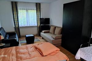 una sala de estar con una cama y un sofá en Zentrale Messewohnung im wunderschönen Vorort, en Eschborn