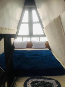 a bed in a room with a large window at Prince Place Eco Cabana and Camping Site in Passara