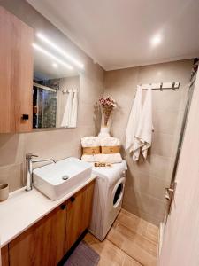 un bagno con lavandino e lavatrice di Villa Katerina - Cosy, serene, with unique view a Áno Viánnos