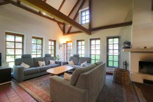 un grand salon avec des canapés et une cheminée dans l'établissement Ferienhaus Gandur, à Osterby