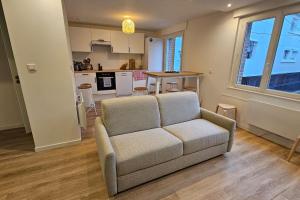 Una sala de estar con un sofá y una cocina. en T3 Hyper centre, 2 chambres, Garage, en Arras
