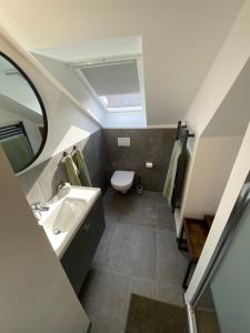 a small bathroom with a sink and a toilet at JohannesBlick in Coswig