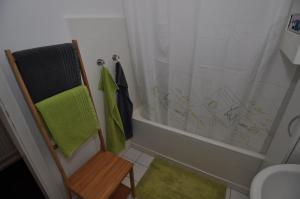 y baño con ducha, silla y cortina de ducha. en Ferienwohnung Martin 1, en Bad Harzburg 12 fotos más