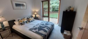都柏林Elegantly Refurbed 2BD in Shankill - 3km from Bray的一间带床的卧室，位于一间有窗户的房间里