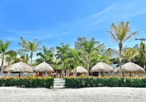a resort with straw umbrellas and flowers and palm trees at SAMARIA Best luxury in Santa Marta
