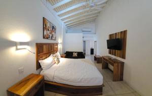 a bedroom with a bed and a television in it at Merrils Deluxe at Veraclub in Negril