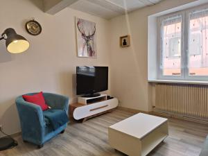 sala de estar con silla azul y TV en wintzenheim: appartement, en Wintzenheim