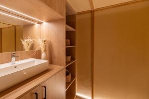 un bagno con lavandino e specchio di Hotel Calitxo a Molló