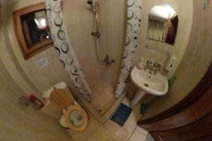 a bathroom with a shower and a toilet and a sink at Ski liviomoritz at gma il com Chalet in Madzhare +50 photos