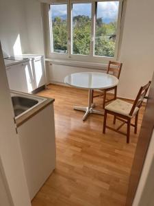 a kitchen with a table and a table and chairs at Studio Jan in Hombrechtikon