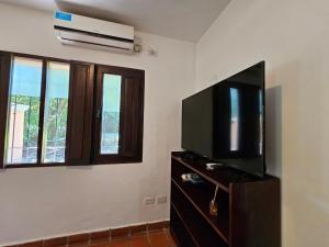 a living room with a flat screen tv and a window at Villa Arbolada in San Lorenzo