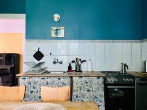 a kitchen with a stove and a blue wall at Spacious Garden Villa in Lublin +8 photos