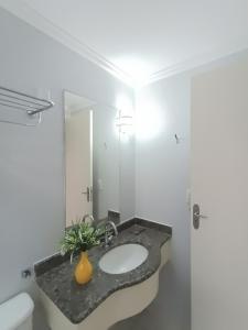 a bathroom with a sink and a mirror at Flat com parque aquático in Caldas Novas