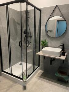 a bathroom with a shower with a sink and a mirror at MoryńApartments R20 in Moryń