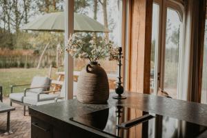 Un jarrón con flores en un mostrador de una casa. en NIEUW Landelijk vakantiehuis aan zee, en Oostkapelle