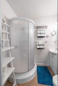 baño con ducha y alfombra azul en Berkeley Heaven, en Berkeley