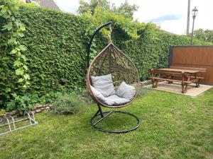 a hanging chair with two pillows in a yard at MoryńApartments in Moryń