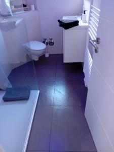 a white bathroom with a toilet and a sink at ~Ferienwohnung Sandhausen / HD~ in Sandhausen +15 photos