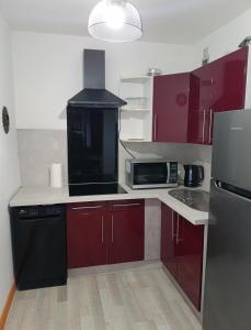 a small kitchen with red cabinets and a microwave at Ma retraite spirituelle - curistes - à 2mn des Thermes et 45 mn de l'Espagne in Amélie-les-Bains-Palalda