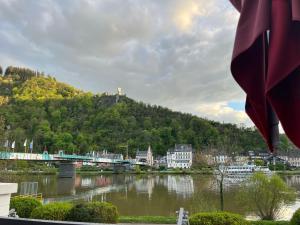 vistas a un río con edificios y un puente en Vis-a-vis Apartments, en Traben-Trarbach