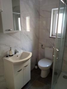 a bathroom with a sink and a toilet and a shower at Apartments Sab in Povljana