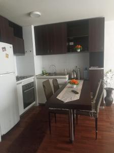 a kitchen with a table with chairs and a refrigerator at Terminal Dpto Estación Central Equipado in Santiago