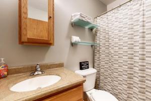 Un baño con lavabo, inodoro y ducha. en Mountain Memories, en Bartlett